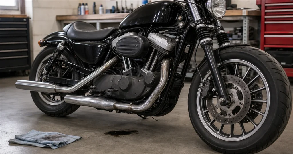 スポーツスター系バイクのオイル漏れをガレージで確認する様子