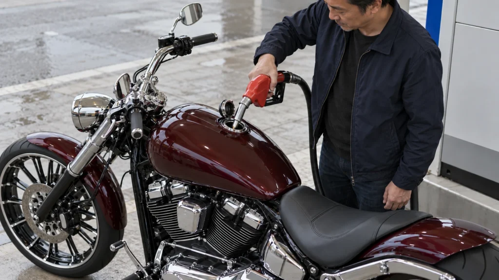 ブレイクアウト風の赤茶色のバイクに給油する日本人男性