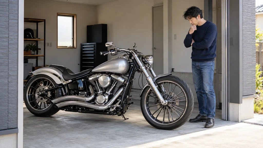 ガレージに停めた銀色のブレイクアウト風バイクと周囲のスペースを確認する日本人男性