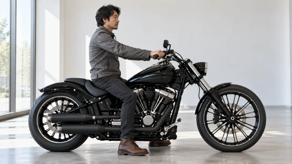 黒いブレイクアウト風バイクにまたがり、両足を床に着けて乗車姿勢を確認する日本人男性