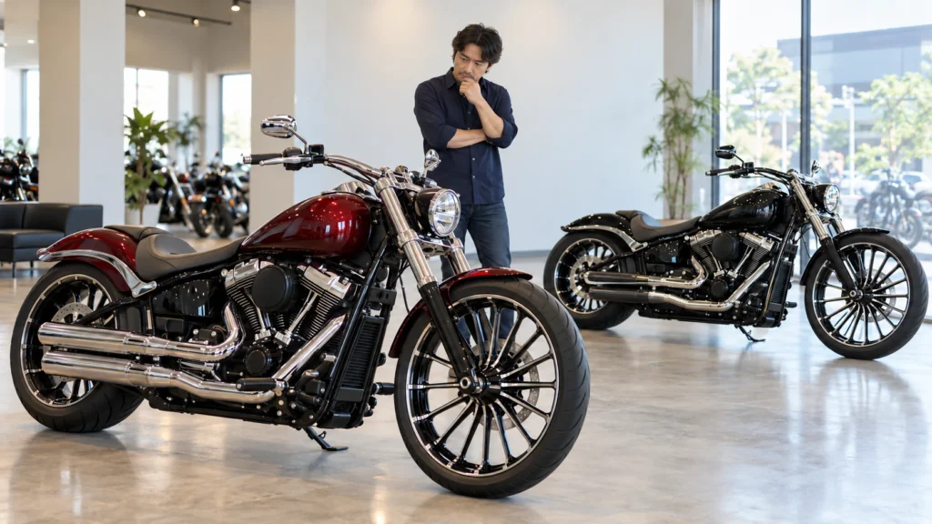 店内で赤と黒のクルーザーバイクを見比べる日本人男性