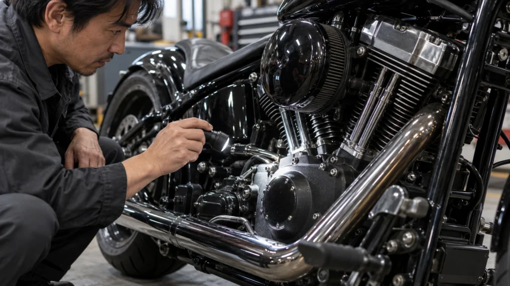 懐中電灯でクルーザーバイクのVツインエンジン下部を点検する日本人男性
