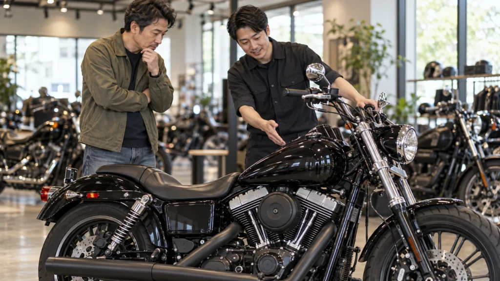 中古ハーレーダイナを販売店スタッフと確認する購入検討者