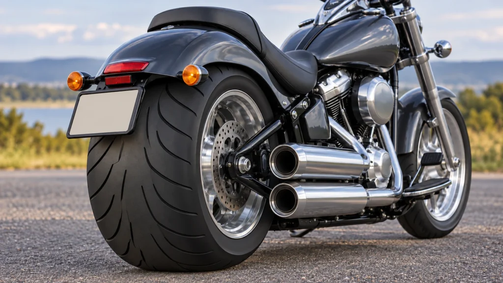 ファットボーイ風バイクの幅広いリアタイヤと、右側に並ぶ2本のクロームマフラー