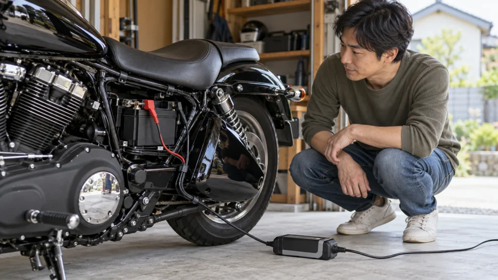 クルーザーのバッテリーに維持充電器を接続する日本人オーナー
