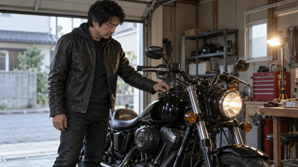 ガレージで黒いクルーザーのスイッチ付近を確認する日本人ライダー