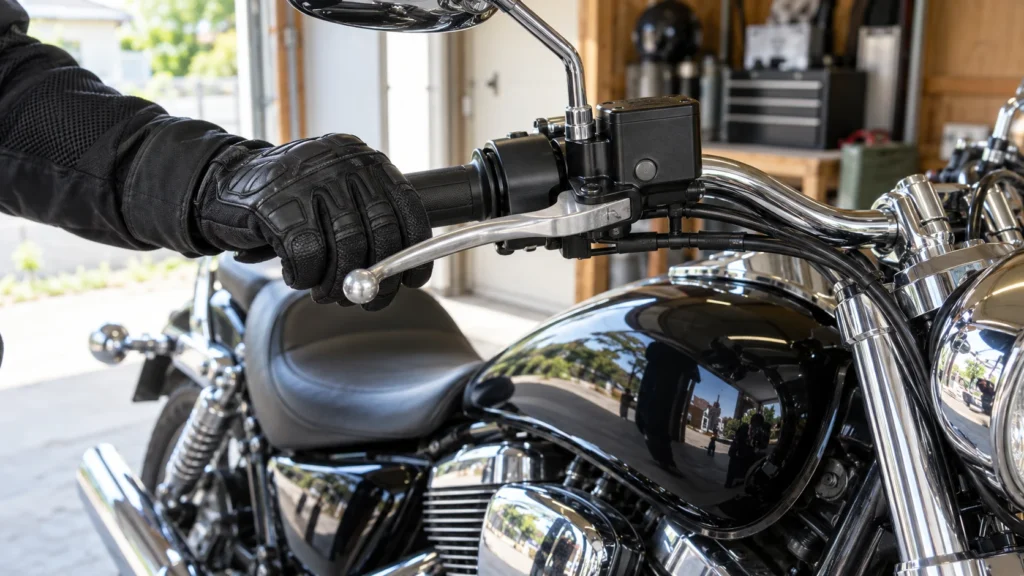ハーレーのクラッチレバーの動きを確認する日本人ライダー