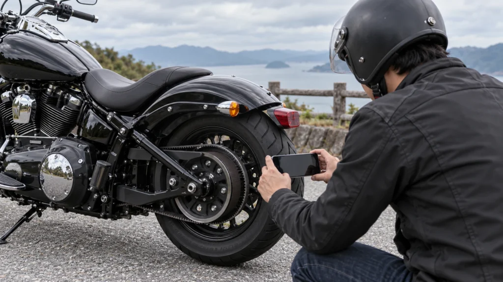 停車したハーレーのドライブベルトをスマートフォンで撮影する日本人ライダー