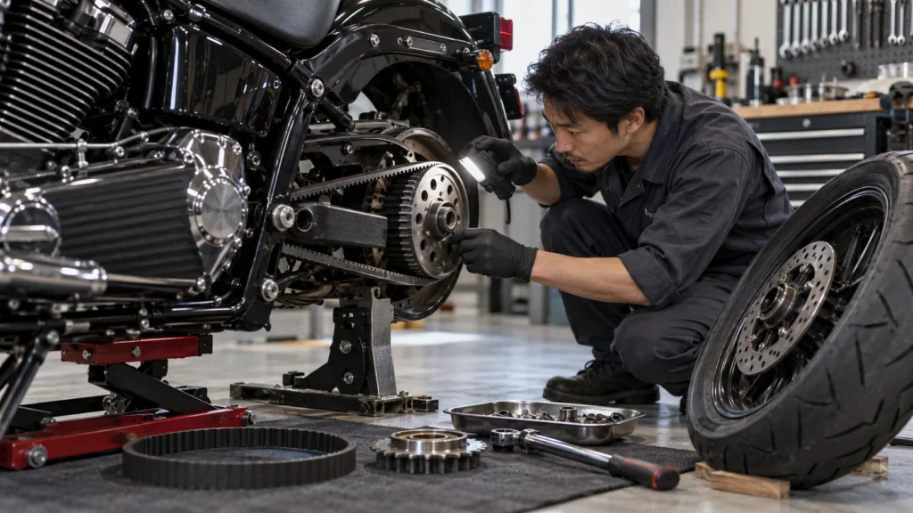 後輪を外したハーレーのドライブベルトとプーリーを点検する整備士