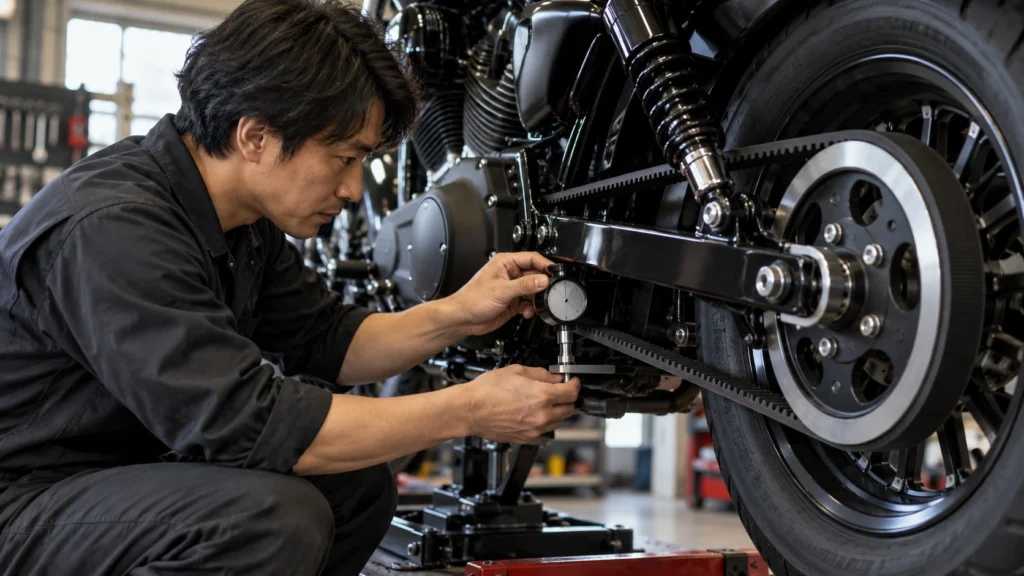 日本人整備士が工具でハーレーのドライブベルトのたわみを測定