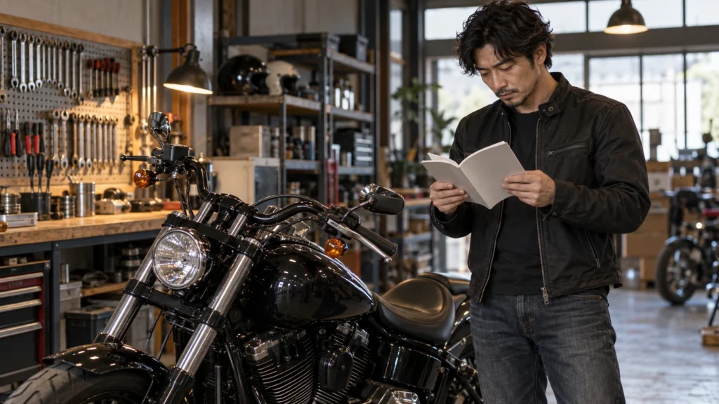 ハーレーの取扱説明書を確認する日本人オーナー