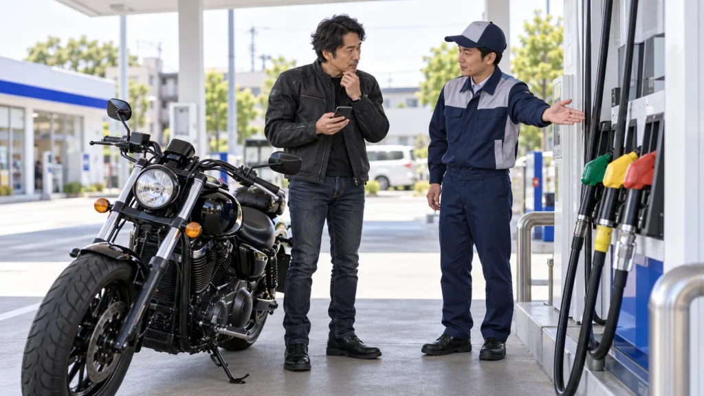 給油所でバイクのオーナーがスタッフに相談する様子