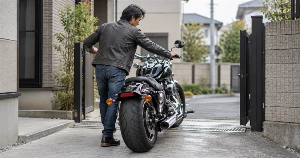 自宅の狭い駐車スペースからアメリカンバイクを両手で押して出す日本人男性