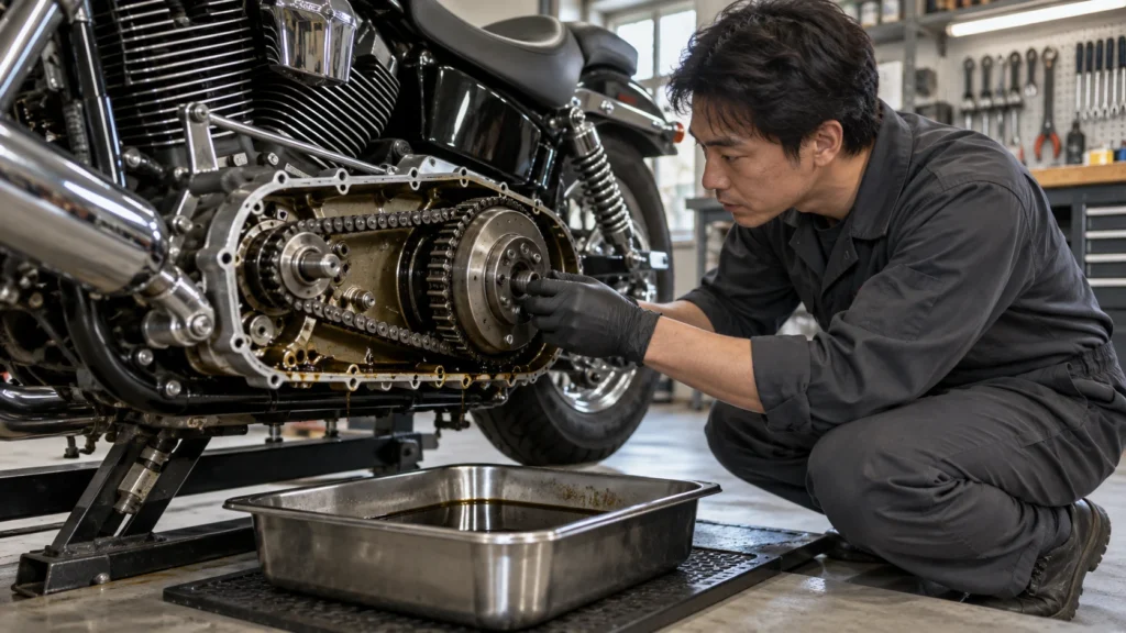 プライマリーケースを開けて内部を点検する日本人整備士