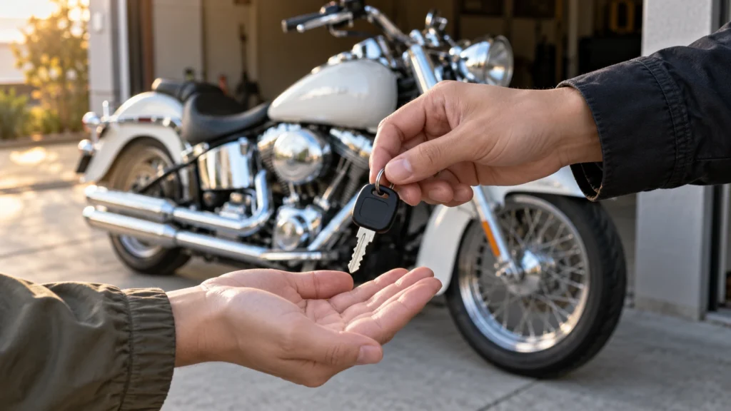 白いクルーザーを背景に売却したバイクの鍵を引き渡す手元