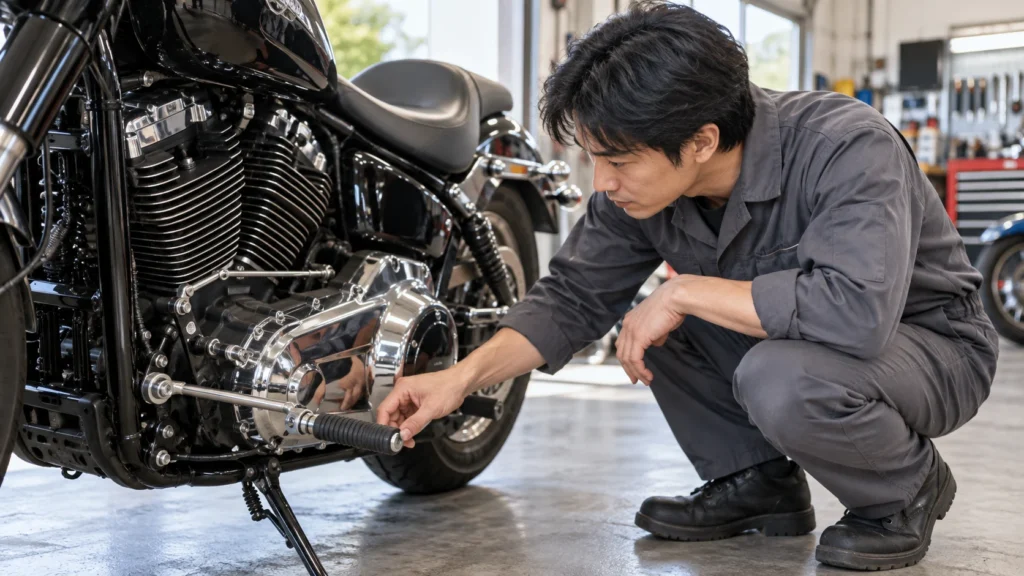 ハーレーのシフトペダルとリンクを確認する日本人整備士