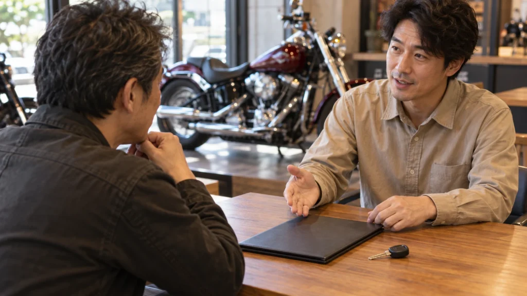 バイク販売店のテーブルで書類フォルダーを前に購入相談をする男性とスタッフ