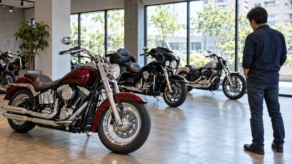 中古バイク販売店で複数のアメリカンクルーザーを見比べる男性