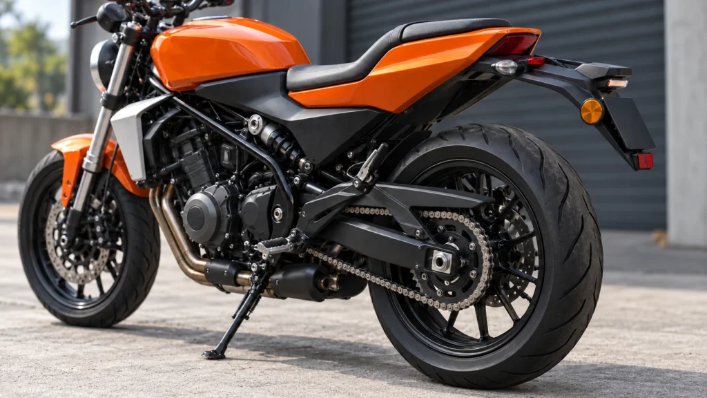 ハーレーX350の左後方から見たチェーン、後輪スプロケット、タイヤ