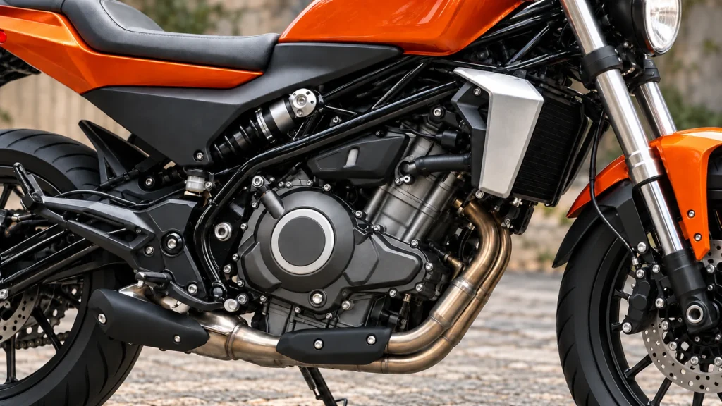 ハーレーX350の水冷並列2気筒エンジンとラジエーター、排気管の接写