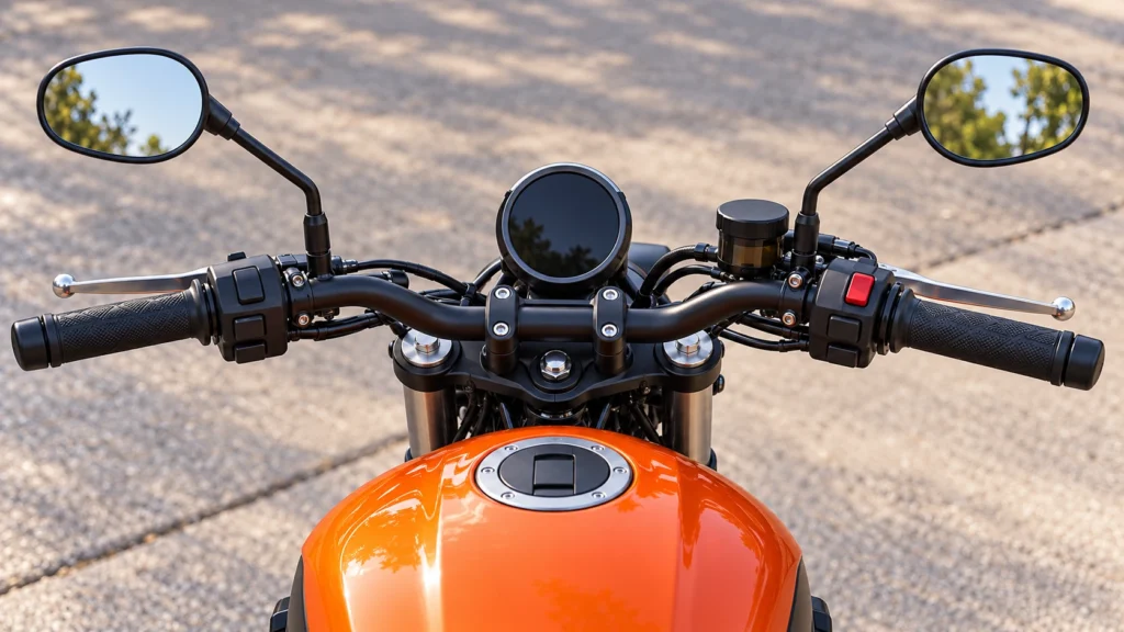 ハーレーX350の消灯した丸型メーターと、ハンドル左右のスイッチやレバー