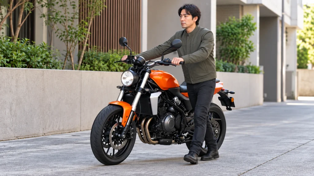 駐輪通路でハーレーX350の横に立ち、ハンドルを持って押し歩く男性