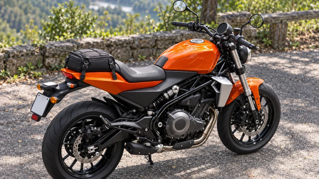 ハーレーX350の後席に固定した小型シートバッグと、空いた運転席