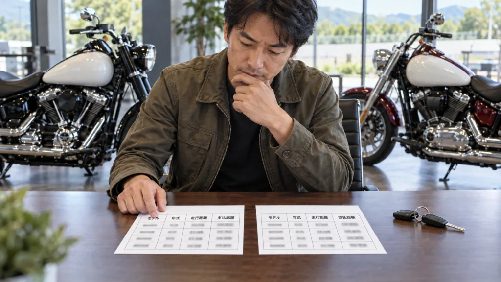販売店で中古クルーザーの価格資料を見比べる購入検討者