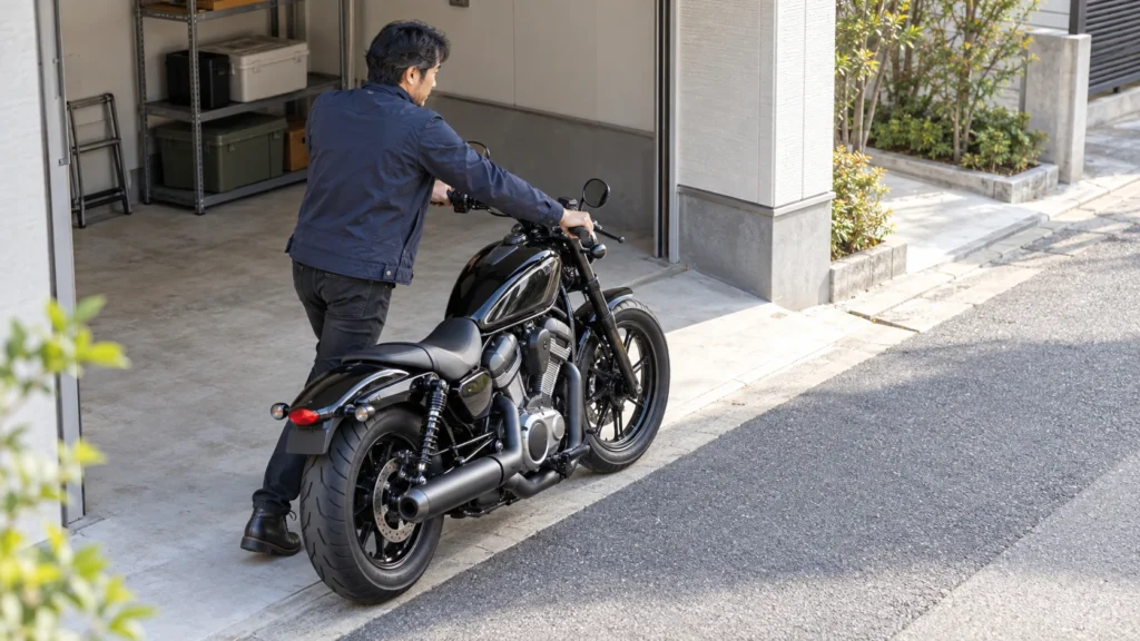 自宅のガレージから黒いクルーザーバイクを手で押し出す男性