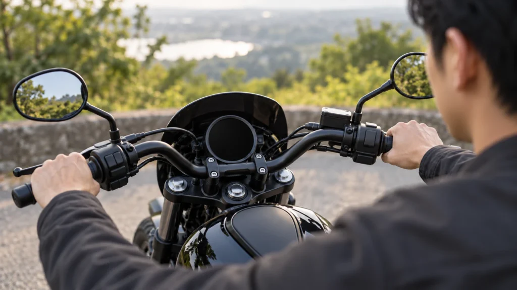 バイクにまたがり両手でハンドルを握る男性を肩越しに見た乗車姿勢