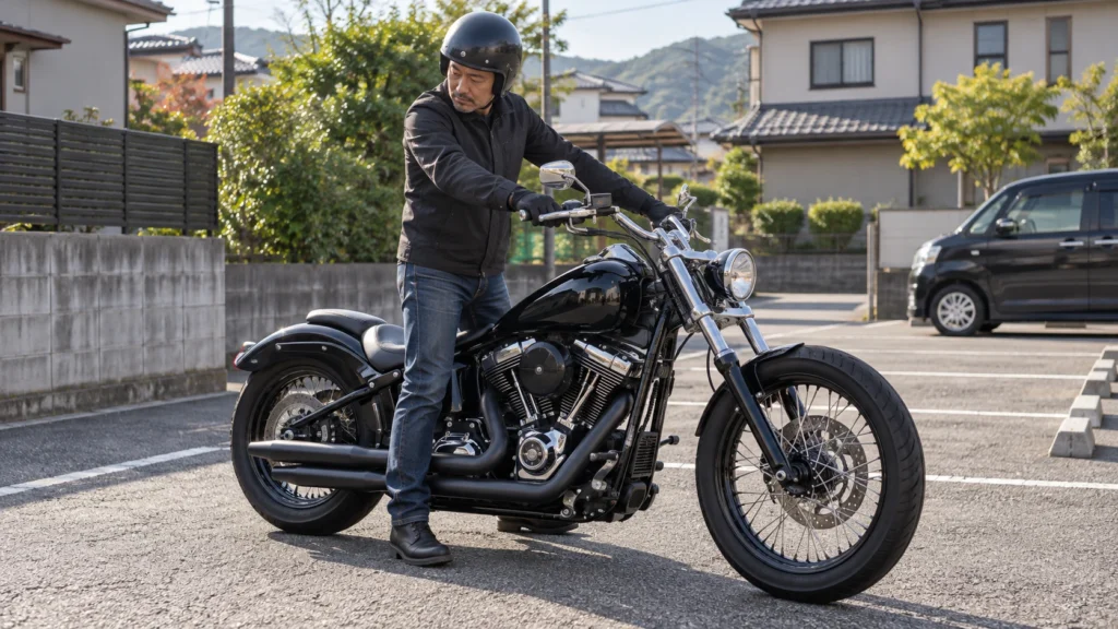 ソフテイル風バイクにまたがり足付きとハンドルの操作感を確認する男性