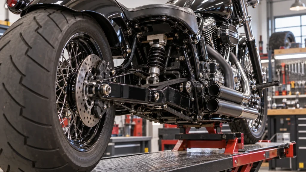 リフトアップしたソフテイル風バイクのシート下に隠れたリアショック
