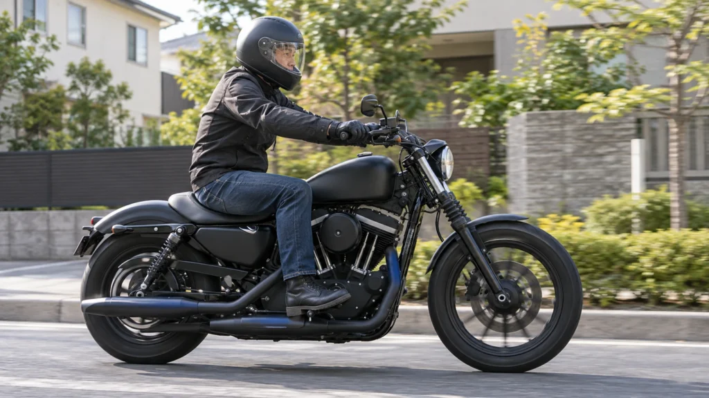 住宅街で黒いスポーツスター風のバイクに乗る日本人男性
