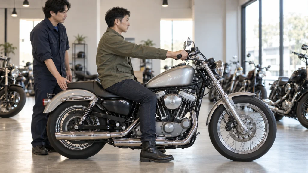 販売店でスタッフに支えてもらい、バイクの足付きと乗車姿勢を確認する日本人男性