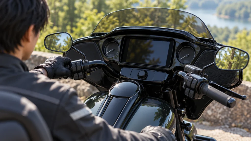 日本人男性の肩越しに見るツーリングバイクのハンドルスイッチと消灯した中央ディスプレイ