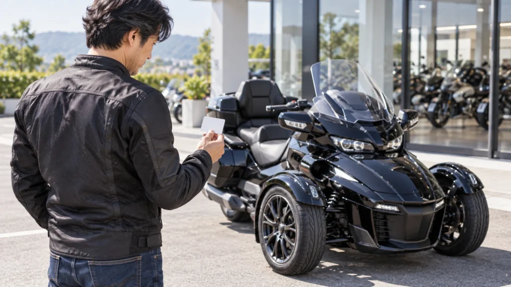 三輪車の横で手元のカードを確認する男性
