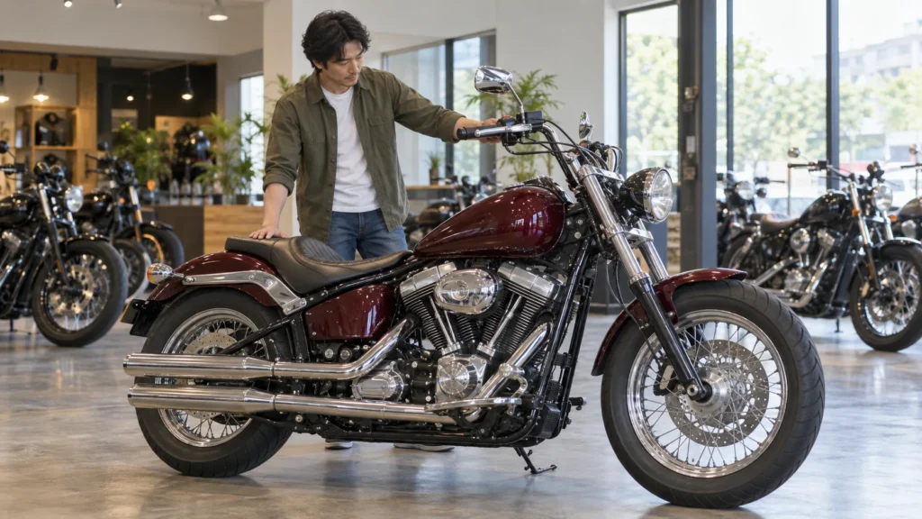 カスタム中古ハーレーのシートとハンドル位置を確認する男性