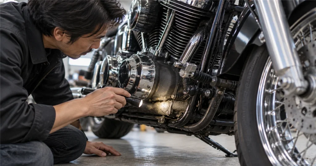 ライトを当てて中古バイクのエンジン合わせ面のオイル漏れとフロントフォークを点検する手元