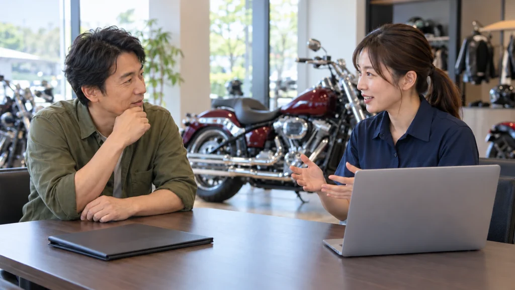 バイク販売店で中古ハーレーの購入についてスタッフと相談する男性