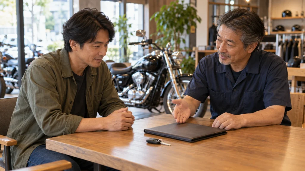 バイク販売店で中古ハーレーの購入について相談する男性とスタッフ
