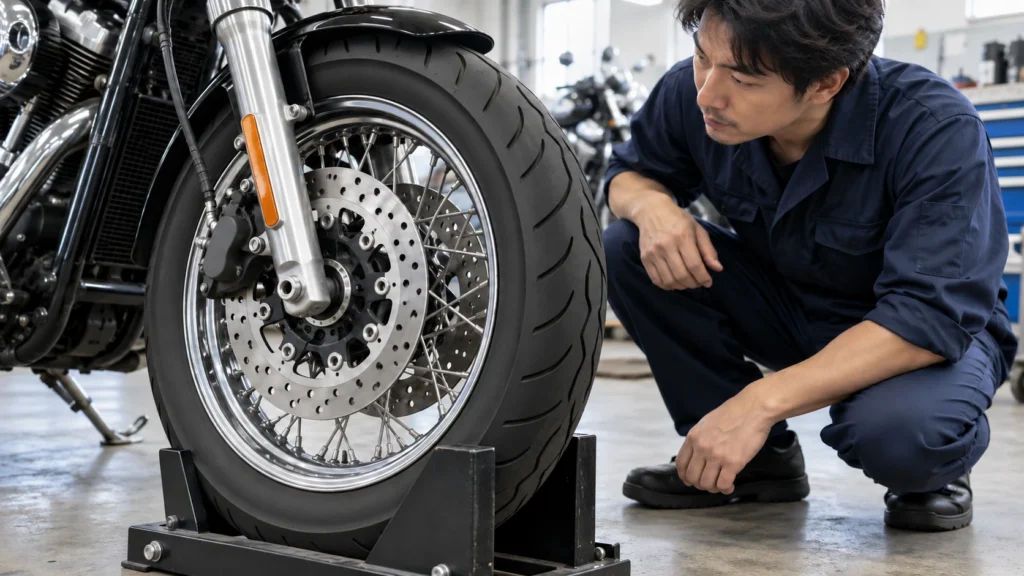 中古バイクの前輪タイヤとブレーキ周辺を確認する整備士