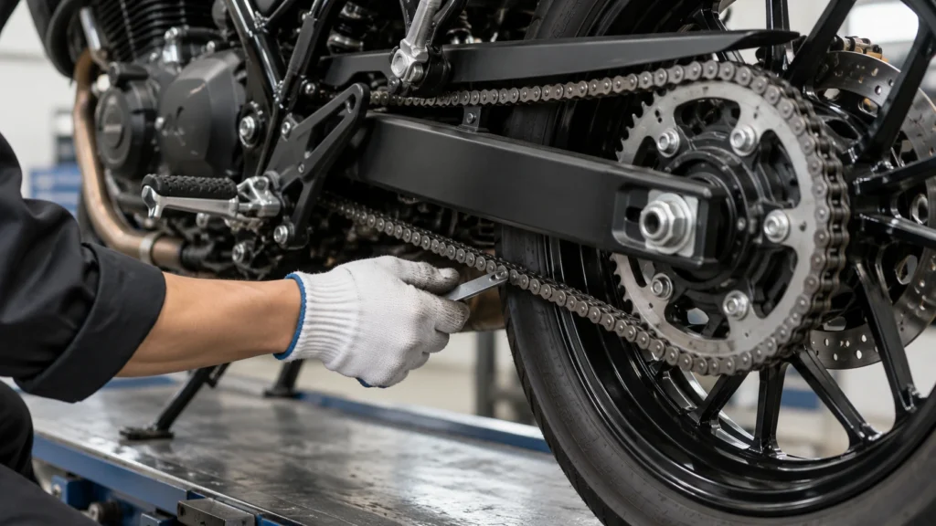 整備士が停止中のバイクのチェーンの張りを確認している様子