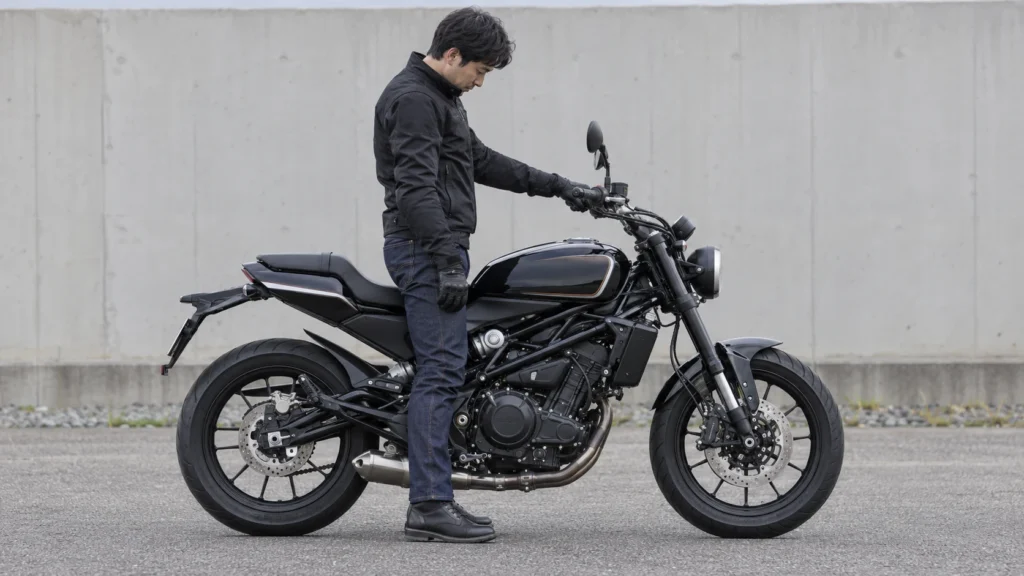 ハーレーX350の横で足の接地とハンドルの届き方を確かめる男性