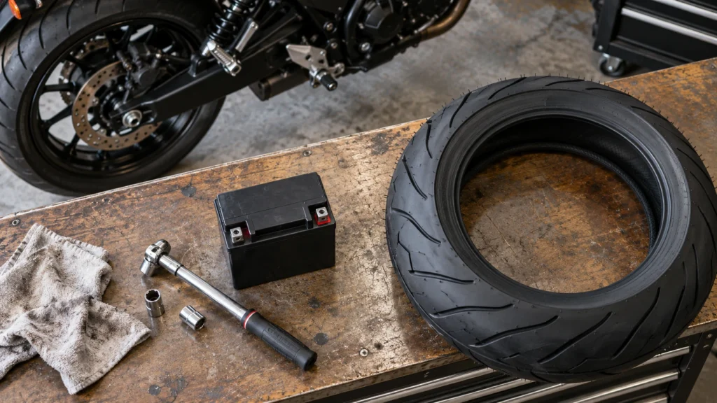 バイクの後輪と作業台に置かれた交換用タイヤ、バッテリー、工具