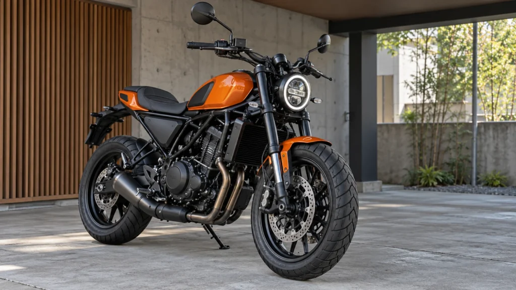 屋根付き駐輪スペースに置かれた中古のハーレーX350