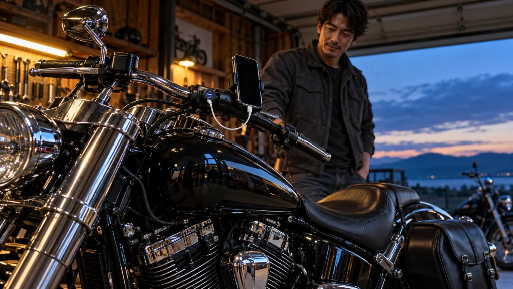 夕暮れのガレージでUSB電源とスマートフォンを装着した黒いクルーザーバイクを確認する男性
