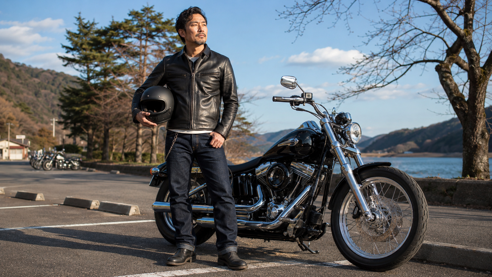 黒レザージャケット・デニム・レザーブーツで統一した日本人男性ライダーがハーレーの横に立っている様子