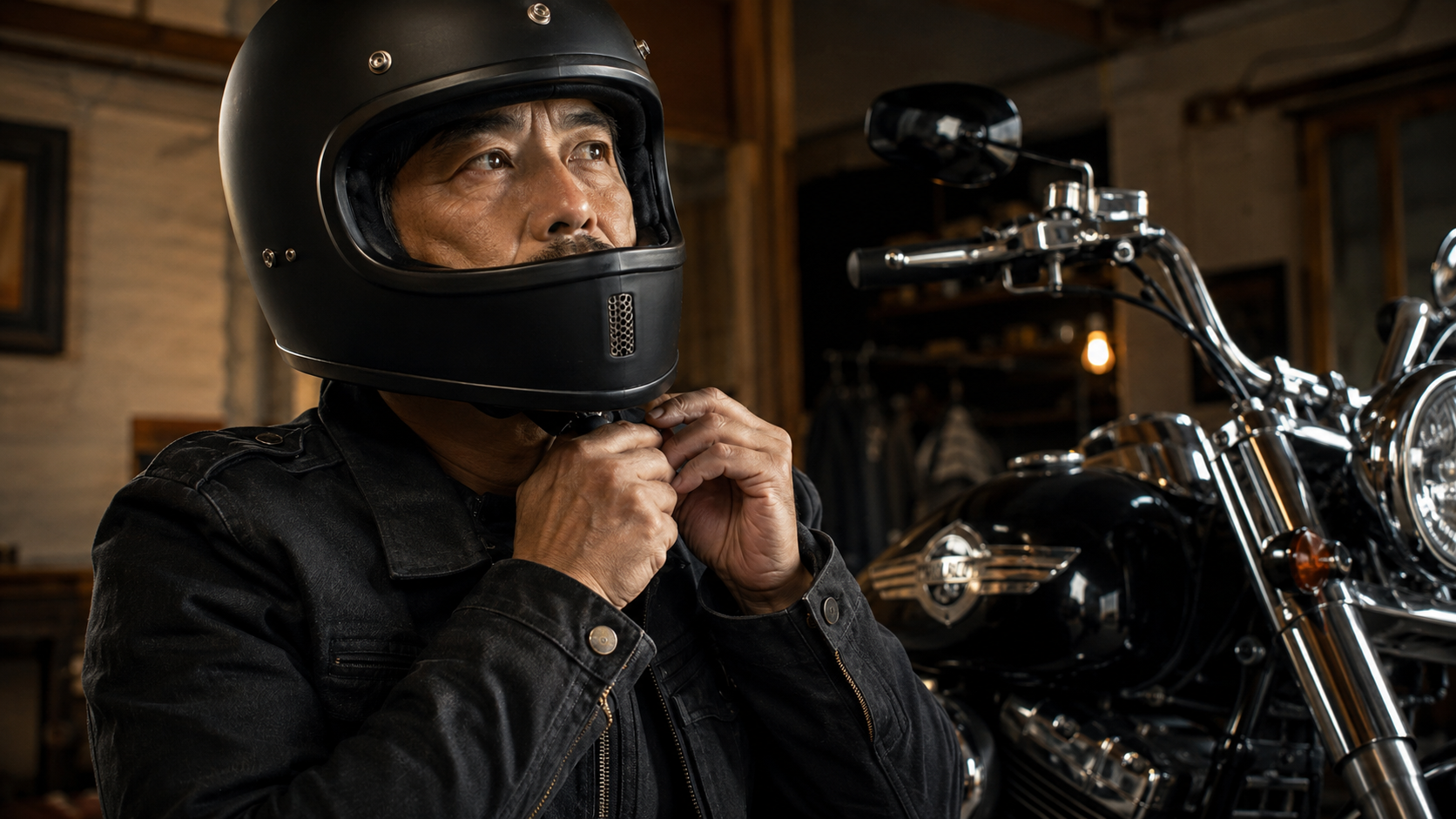 ガレージでハーレーに乗った日本人男性ライダーがフルフェイスのあご紐を留めているクローズアップ