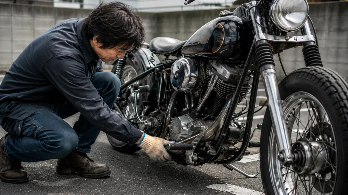 屋外でハーレーの下回りを点検する様子