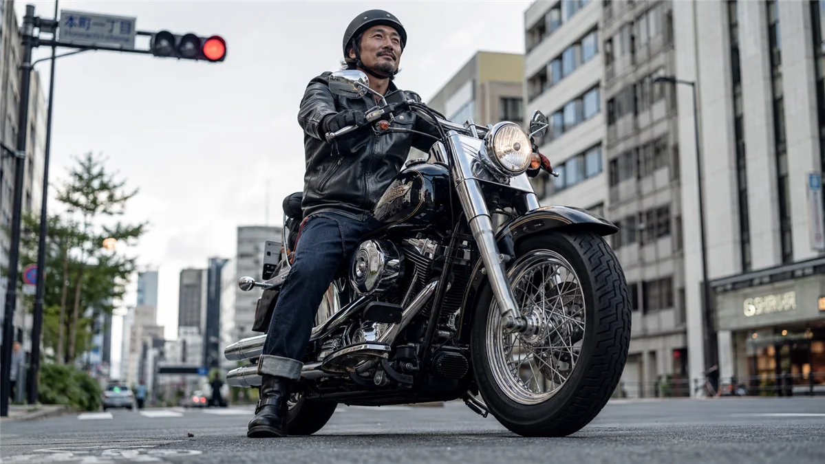 信号待ちでハーレーに乗る40代の日本人男性ライダー